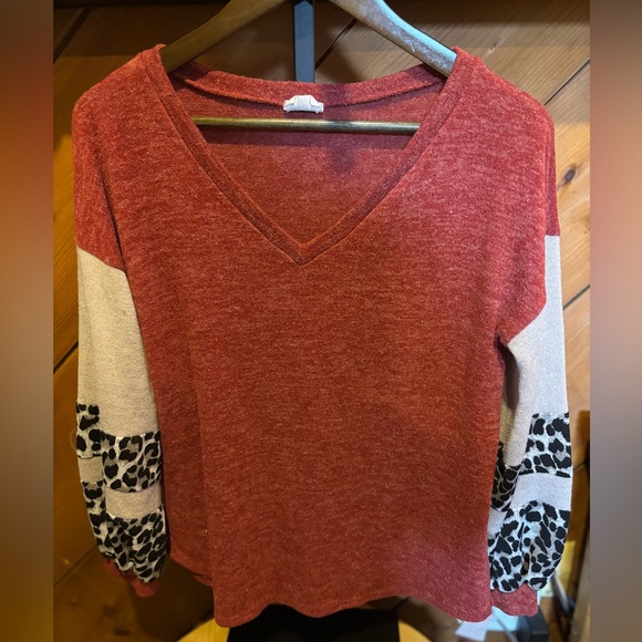 BiBi Tops - BiBi Red V-Neck Top with Leopard Print Sleeves
